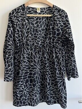 Islander Floral Cover Up Tunic Black White 100% Cotton Tie Front Women’s S